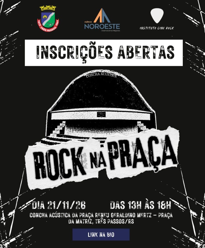 Inscrições: 21/09 a 04/10/2026
Evento: 21/11/2026 — Concha Acústica da Praça Reneu Geraldino Mertz, Três Passos/RS
Bandas: 30 minutos de apresentação, incluindo montagem e organização no palco
Artistas individuais e duplas: 15 minutos, incluindo organização no palco

Divulgação dos selecionados: 05/10/2026